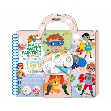 Carte de pictat cu apa, sabloane, stampile si jocuri, portabila Supereroi, +3 ani, Avenir