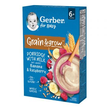 Gerber Grain & Grow Terci de ovăz și grâu, banane, zmeură, lapte, fără zahăr adăugat, după 6 luni, 200 g
