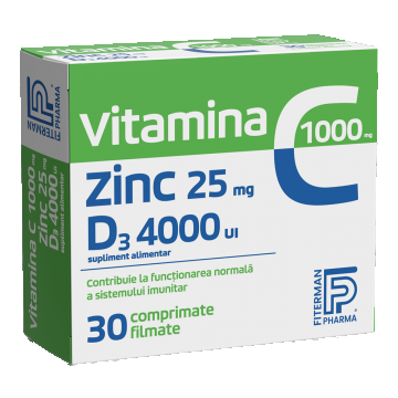 Vitamina C 1000mg + Zinc 25mg + D3 4000UI, 30 comprimate, Fiterman