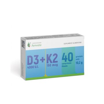 Vitamina D3 4000 UI + Vitamina K2 150 mcg, 40 comprimate filmate, Laboratoarele Remedia