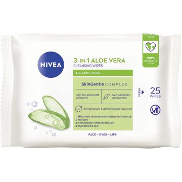 Servetele demachiante 3 in 1 cu aloe vera, 25 bucati, Nivea
