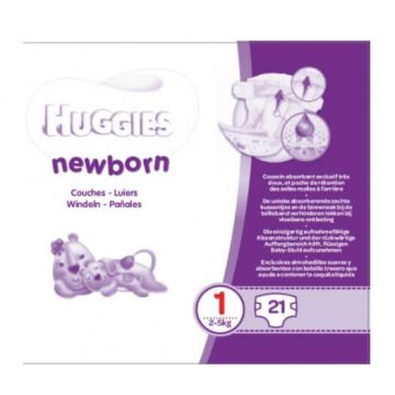 Huggies, nou-născut, mărimea 1, 2-5 kg, scutece, 21 buc