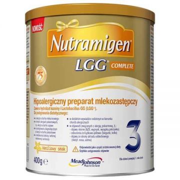 Nutramigen 3 LGG Complete, formulă hipoalergenică, peste 1 an, aromă de vanilie, 400 g, Mead Johnson Nutrition
