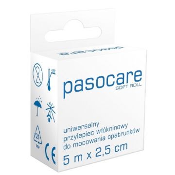 Pasocare Plaster, nețesut pe rolă, 5m x 2.5cm, rolă moale, 1 bucată - Durată lungă de viață!