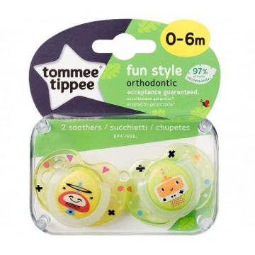 Tommee Tippee Fun Style suzetă 0-6m galben, 2 bucăți