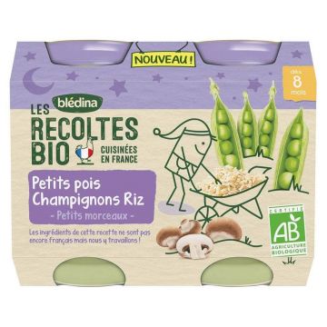 Blédina Les Recoltes Organic Baby Night Petit Pois Champignons Riz Bio 2x200g De la 8 luni Bledina