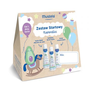 Mustela Newborn Starter Kit, lapte de corp, 100 ml + gel de spălare, 100 ml + apă de curățare, 100 ml