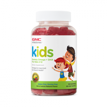 Omega+DHA pentru copii Milestones® Kids Gummy cu aroma naturala de fructe de padure si lamaie, 120 jeleuri, GNC