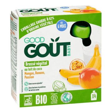 Good Gout Dessert Brassé Végétal Organic Lapte de nucă de cocos, mango, banană și fructul pasiunii Squash De la 6 luni 4x85g
