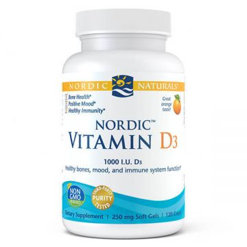 Nordic Naturals Vitamina D3, vitamina D 1000 UI, aromă de portocale, 120 capsule