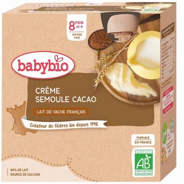 Babybio Cremă organică de semolă de cacao 8 luni desert lactate 4x85g