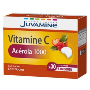 Juvamine Acerola 1000 Vitamina C pe bază de plante cu aromă de cireșe 30 de comprimate masticabile