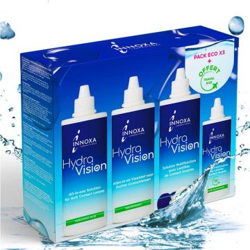 Innoxa HydraVision Soluție multifuncțională pentru lentile de contact moi pentru ochi sensibili 3x360ml+100ml