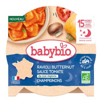 Meniu Bio ravioli cu sos de rosii si ciuperci, + 15 luni, 190 g, BabyBio