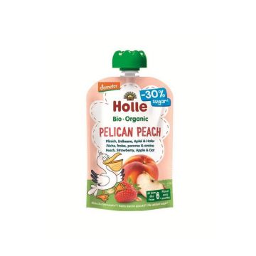 Piure Bio din piersici, capsuni, mere si ovaz Pelican Peach, 100 g, Holle