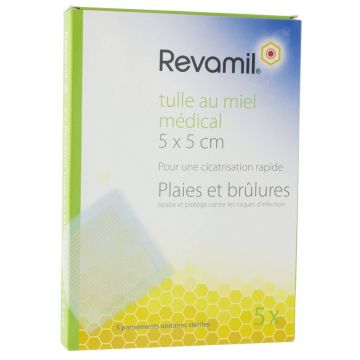 Revamil Pansamente sterile cu miere 5 x 5 cm, 5 pansamente, 40 g