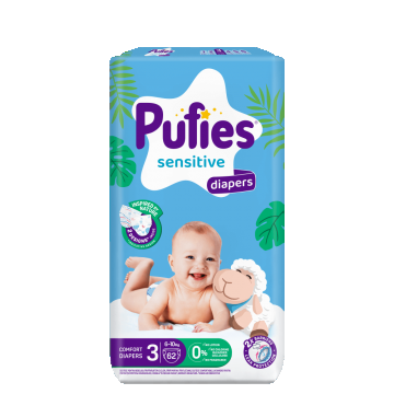 Scutece Sensitive, Nr 3. 6-10 kg, 62 bucati, Pufies