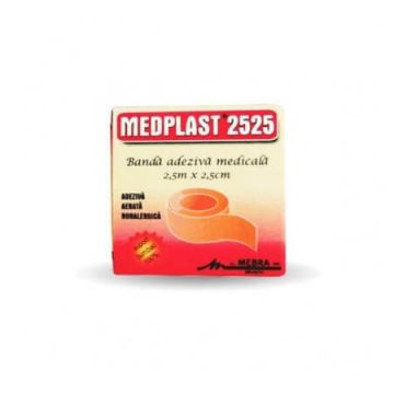 Banda adeziva Medplast 2525 pentru fixarea pansamentelor, 2.5 cm x 2.5 m, Mebra