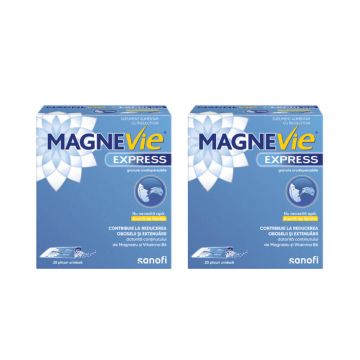 MagneVie Express, 150 mg magneziu + 0.7mg vitamina B6, plus de energie, administrare fara apa, 2x20 plicuri