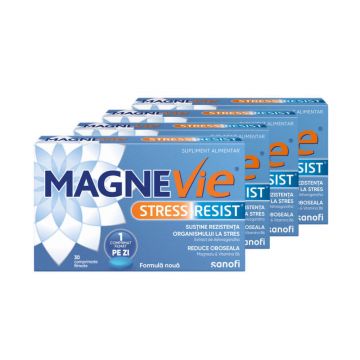 MagneVie Stress Resist cu Ashwaghanda 80mg + 60 mg magneziu + 1.4mg vitamina B6, sistem nervos și rezistenta la stres, 4x30 comprimate