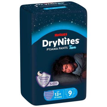Scutece de noapte pentru bǎieți Drynites, 13 ani+, 49-60 kg, 9 bucǎți, Huggies 