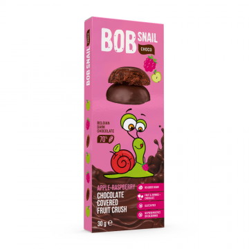 Snack fructat cu ciocolata neagra 70%, Zmeura si Mar, 30 g, Bob Snail