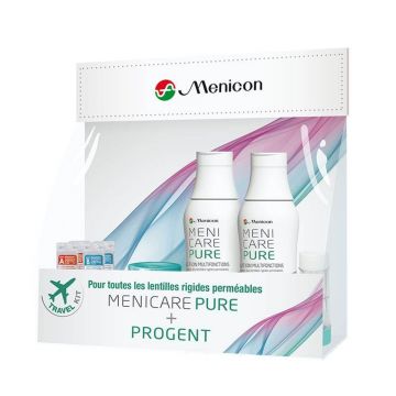 Menicon MeniCare Pure Travel Kit - soluție multifuncțională + Progent 2x70ml + 2 tratamente + 2 suporturi