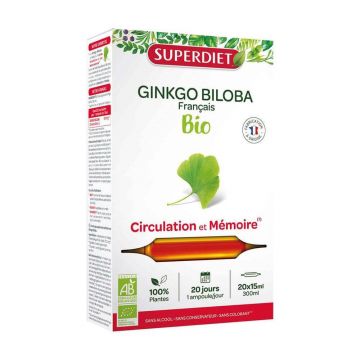 Superdiet Ginkgo Biloba Circulation Et Mémoire 20 Ampules Circulation Et Mémoire 300ml