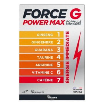 Supliment alimentar pe baza de extracte de plante, vitamina C, aminoacizi si cofeina Force G Power Max, 10 fiole buvabile x 10 ml, Vitavea