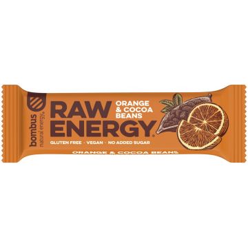 Baton proteic cu boabe de cacao si portocale Raw Energy, 50g, Bombus