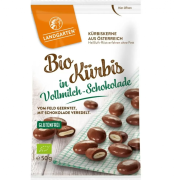 Seminte de dovleac invelite in ciocolata cu lapte fara gluten Bio, 50g, Landgarten