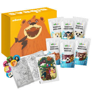 BioBas Bio set terci de ovăz, orez, spelt, mei, semol, fulgi de ovăz, cu carte de colorat și autocolante, fără zahăr adăugat, de la 6 luni, 6 x 200 g