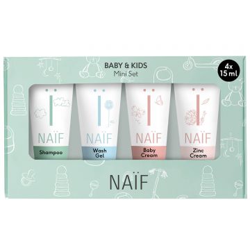 Mini Naif Baby & Kids set, gel de spălat, 15 ml + cremă pentru scutece, 15 ml + cremă pentru îngrijirea pielii, 15 ml + șampon, 15 ml