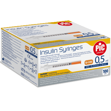 Seringi de insulină Pic Solution, seringă de insulină de 0,5 ml cu ac 31G (0,25 mm) x 8 mm, 100 bucăți