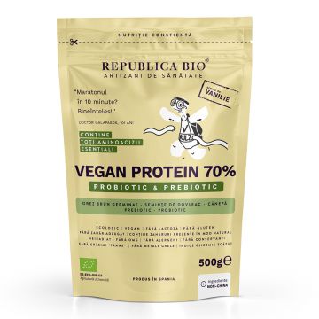 Vegan Protein 70% Probiotic & Prebiotic vanilie ecologica, 500g, Republica Bio