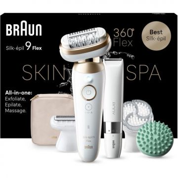Epilator Silk-épil 9 Flex SkinSpa 9-481 3D Smart Light cu Accesorii de Ingrijire a Pielii Autonomie Maxim 50 Min Alb/Auriu