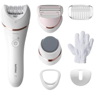 Epilator Umed si Uscat Seria 8000 BRE730/10 7 Accesorii 32 Pensete Utilizare fara Fir Argintiu