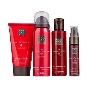 Rituals The Ritual of Ayurveda Mini Set – Crema de corp 70 ml, Gel de dus spumant 50 ml, Ulei de dus 75 ml si Spray par & corp 20 ml