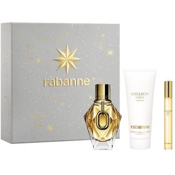 Set cadou Paco Rabanne Million Gold, Femei, Apa de Parfum, 50 ml + Lotiune de corp, 100 ml + Mini Apa de Parfum, 10 ml