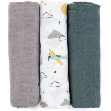 PETITE&MARS Bamboo Muslin Nappy Set 3pcs Moussy Grey Planes, 68 x 68 cm 1×3 pcs, nappy set