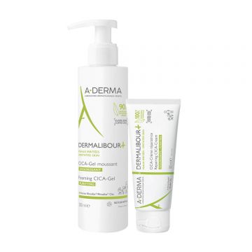 Set A-Derma Dermalibour+ Cica, gel de curățare pentru pielea iritată, 200 ml + cremă regenerantă pentru pielea iritată, din ziua 1, 100 ml