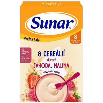 Terci de lapte Sunar cu 8 cereale căpșuni, zmeură 210 g