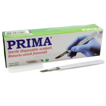 Bisturiu de unica folosinta PRIMA cu maner din plastic si lama din otel-carbon – 10 bucati