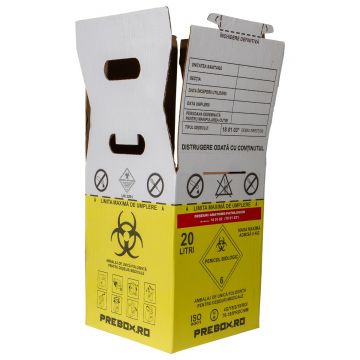 Cutie deseuri medicale 20L cu sac galben Biohazard si banda rosie, carton 3 straturi, ADR, pentru colectare deseuri anatomo-patologice