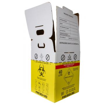 Cutie deseuri medicale 40L cu sac galben Biohazard si banda rosie, carton 3 straturi, ADR, pentru colectare deseuri anatomo-patologice