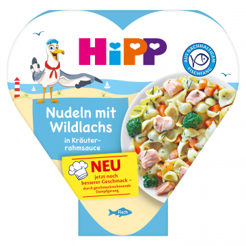 Farfurie HiPP Bio, tăiței cu somon sălbatic în sos de ierburi și smântână, după 1 an, 250 g