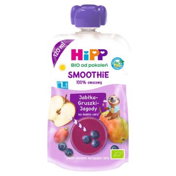HiPP Smoothie Fruit Mousse Bio, mere, pere și afine, după 1 an, 120 ml
