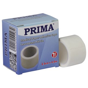 Leucoplast hartie, 2.5cm x 4.5m, alb, hipoalergenic, pentru piele sensibila, medical, pentru fixarea pansamentelor, PRIMA