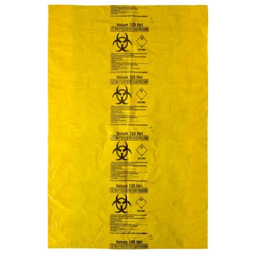 Saci galbeni pericol biologic 120L BIOHAZARD ADR, 50 microni, 50 bucati - saci deseuri medicale certificati