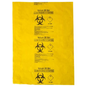 Saci galbeni pericol biologic 20L BIOHAZARD ADR, 50 microni, 50 bucati - saci deseuri medicale certificati